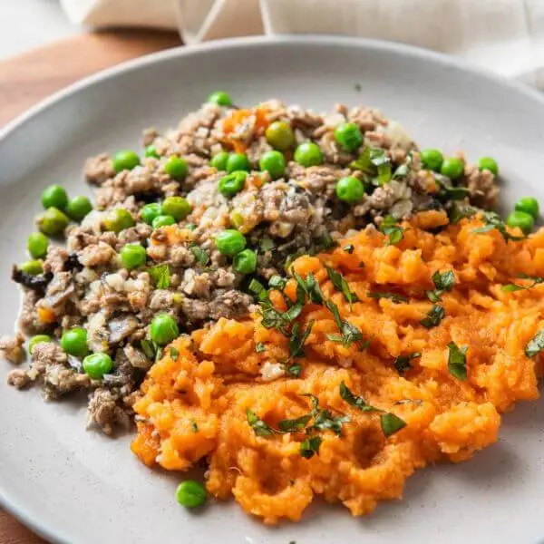 A close-up shot of De-constructed Shepherd’s Pie, showing the creamy mashed potatoes, savory minced meat, and colorful vegetables, all garnished with fresh spring onions. The texture and comforting elements of the dish are highlighted in this detailed view.