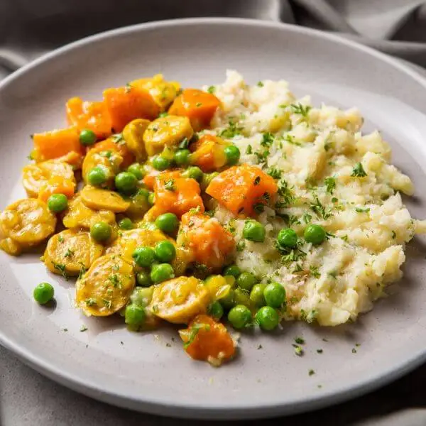 Side shot of curried sausage with cauliflower mash, highlighting the texture of the cauliflower mash and the curried sausage, with a focus on the depth and layers of the dish.